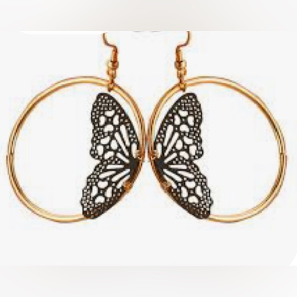“Black Fairy Wing” Delicate Feminine Perforated Lace Half Butterfly Gold Hoops - Picture 2 of 9